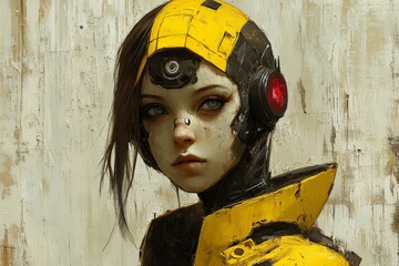 Fototapete - Cyborg woman with striking yellow and black armor in a futuristic setting