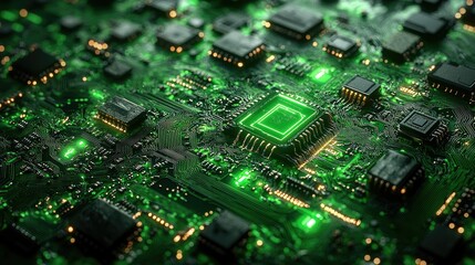 Poster - Illuminated Green Circuit Board Shows Central Processing Unit