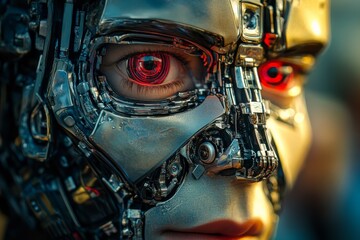 Fototapete - Close-up view of a futuristic robotic face with glowing red eyes