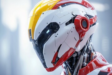 Poster - Robot head design showcasing advanced technology with sleek lines and vibrant colors in a futuristic environment