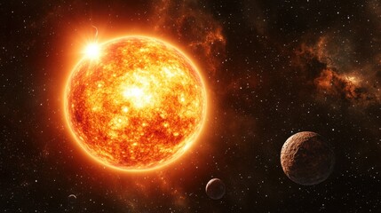 Poster - A close-up of a stylized planet with asteroids orbiting, glowing brightly in a surreal cosmic setting.