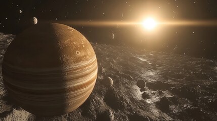 Poster - A close-up of a stylized planet with asteroids orbiting, glowing brightly in a surreal cosmic setting.