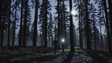 Aufkleber - Exploring a dense forest at night with flashlights under the moonlight