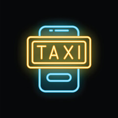 Poster - Neon icon of a smartphone showing taxi ordering app interface, isolated vector illustration on black background