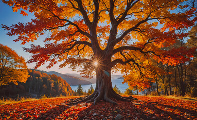 Poster - Large tree with a lot of leaves on the ground. The leaves are orange and the tree is in a field