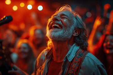 Poster - Musician performs energetically at vibrant concert with enthusiastic crowd enjoying the atmosphere at night