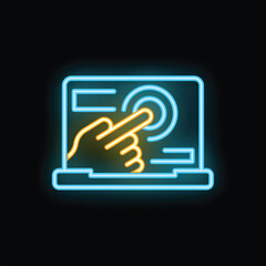Poster - Glowing neon icon of a hand pressing a button on a laptop screen, representing online interaction and digital technology