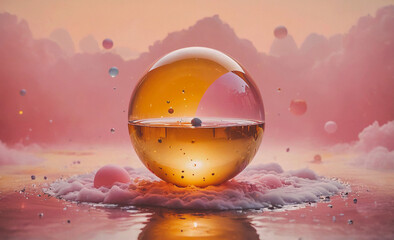 Poster - Glass ball with a pink background and a pink cloud in the background. The ball is surrounded by many small balls of different colors