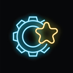 Poster - Neon glowing star over gear icon on a black background representing quality work and customer review