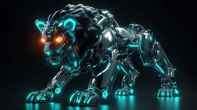 Robotic Lion with Glowing Turquoise and Orange Accents on Dark Background
