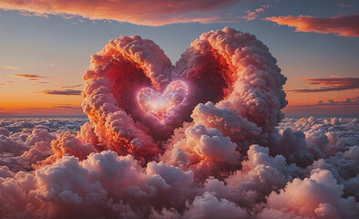 Poster - Heart is in the clouds, surrounded by pink smoke. The heart is glowing and the clouds are pink and white. Concept of love and warmth