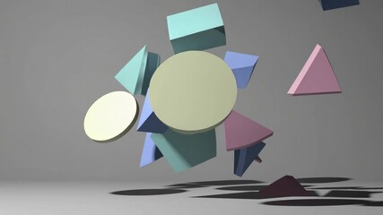 Poster - Dynamic composition of colorful geometric shapes, including cubes, spheres, and cones, suspended in mid-air against a neutral background. Shadows add depth and dimension to the arrangement