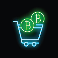 Poster - Neon blue shopping cart is overflowing with green neon bitcoins representing the concept of online cryptocurrency purchases