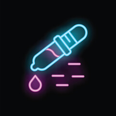 Poster - Neon dropper pouring liquid, glowing blue and pink on black background, representing a medical and chemical concept