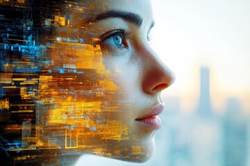 Poster - Woman with digital overlay gazing at city skyline during twilight reflecting on technology and innovation