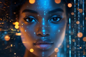 Aufkleber - Stunning portrait of a woman with glowing digital effects in a modern, high-tech atmosphere
