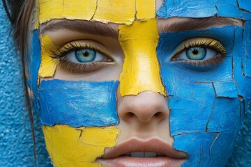 Poster - Unique artistic portrayal of a woman with vibrant blue and yellow face paint set against a textured backdrop
