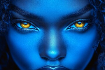 Poster - Close-up of a person with striking golden eyes set against a deep blue background showcasing unique makeup and expression