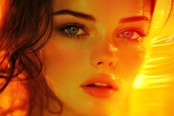 Aufkleber - Woman with striking features illuminated by warm golden light, showcasing intense gaze and vibrant skin tones in an artistic setting