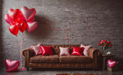 Poster - Couch is surrounded by red balloons and a vase of red roses. The room has a cozy and romantic atmosphere