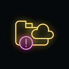 Poster - Neon icon of a cloud data storage with an error alert, representing data loss or a security breach