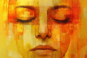 Aufkleber - Vibrant artistic portrait featuring warm colors and abstract patterns on a woman's face with closed eyes