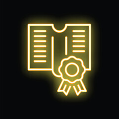 Poster - bright yellow neon icon of a certificate with a ribbon and a seal glowing on a black background