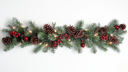 Wall Mural - A white-background Christmas border design with evergreen branches and garlands of festive lights