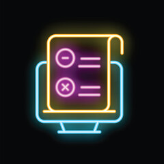 Poster - neon online survey icon showing computer screen displaying checklist with marked options for feedbac