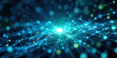 Aufkleber - Abstract digital network background banner with glowing light and connecting data dots in blue and green colors. Big data technology concept, 8k