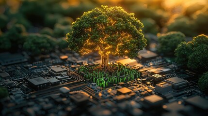 Poster - Illuminated Tree Growing From Circuit Board Technology