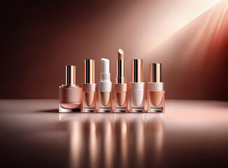 Poster - A row of elegant cosmetic products in neutral tones sits on a reflective surface, illuminated by a warm spotlight.  The bottles and tubes showcase sophisticated design.