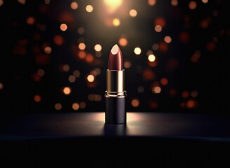 Poster - A single lipstick, dark red, stands on a sleek black surface.  Warm golden bokeh lights illuminate the scene, creating a luxurious and glamorous feel.