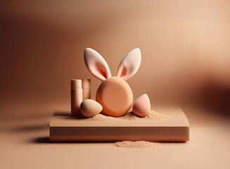 Leinwandbilder - A cute bunny-shaped makeup sponge sits beside cosmetic products on a neutral-toned platform, surrounded by powder.  The scene is minimalist and subtly evokes springtime.