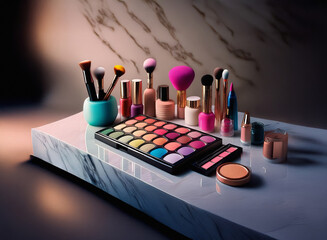 Poster - A stylish arrangement of colorful makeup products and brushes displayed on a marble surface.  The vibrant hues and sleek packaging create a visually appealing composition.