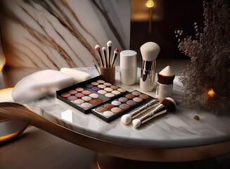 Poster - Elegant makeup tools and palettes arranged on a marble surface. Soft lighting enhances the luxurious feel.  Subtle, warm tones create a sophisticated atmosphere.
