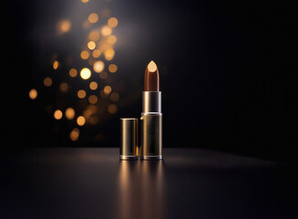 Poster - A luxurious brown lipstick with a gold casing sits on a reflective surface, illuminated by a bokeh of warm lights in the background, creating a glamorous and festive feel.