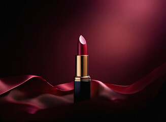 Poster - A single tube of dark red lipstick rests on luxurious, deep red satin fabric.  The lighting accentuates its rich color and elegant design.