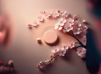 Aufkleber - Delicate pink cherry blossoms artfully arranged around peach-toned cylindrical platforms on a soft pink background.  A serene and elegant spring scene.