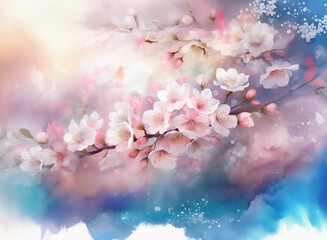 Poster - Delicate watercolor painting of blossoming branches, soft pink and white flowers against a dreamy blue and pink background.  The artwork evokes feelings of serenity and spring.