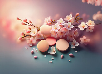 Poster - Soft, pastel pink cherry blossoms and smooth, round cosmetic sponges arranged on a serene, dusky blue background.  A gentle, spring-like scene.