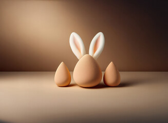 Leinwandbilder - A light brown egg-shaped object with bunny ears sits between two smaller, similar objects on a neutral background.  The scene is simply lit, emphasizing the 3D shapes.