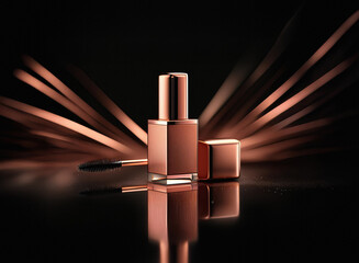 Aufkleber - Rose gold cosmetic product with brush, elegantly displayed against a dark background with abstract rose gold ribbons.  Reflective surface enhances the luxurious feel.
