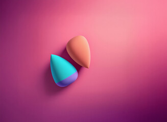 Poster - Two teardrop-shaped makeup sponges, one peach and one teal with purple base, rest on a vibrant pink background.  The soft lighting casts subtle shadows.