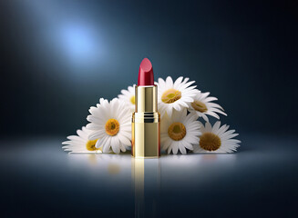 Aufkleber - A gold lipstick tube with red lipstick, nestled amongst white daisies, reflects on a dark, glossy surface.  The scene is subtly lit, creating a sophisticated and elegant feel.