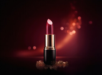 Aufkleber - A single tube of dark red lipstick sits on a bed of shimmering gold, set against a moody, bokeh-filled background.  The lipstick is slightly unwound, showcasing its rich color.