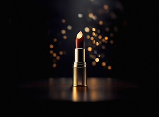 Poster - A dark brown lipstick with a gold casing sits on a reflective surface against a bokeh background of warm-toned lights.  Elegance and luxury are subtly conveyed.