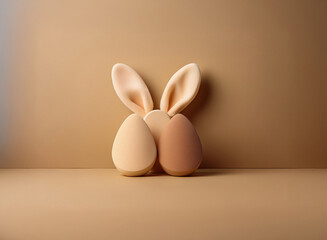 Leinwandbilder - A minimalist Easter bunny design. Two pastel eggs form the body, topped with floppy ears against a muted brown background.  Simple, elegant, and evocative of spring.