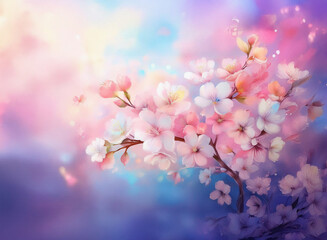 Poster - Soft pastel blossoms on a branch, delicate petals against a dreamy, colorful sky.  Falling petals add to the ethereal beauty.