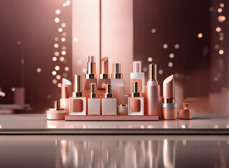 Poster - Elegant rose gold cosmetic bottles and tubes arranged on a sleek display, reflecting soft light.  A luxurious beauty product presentation.